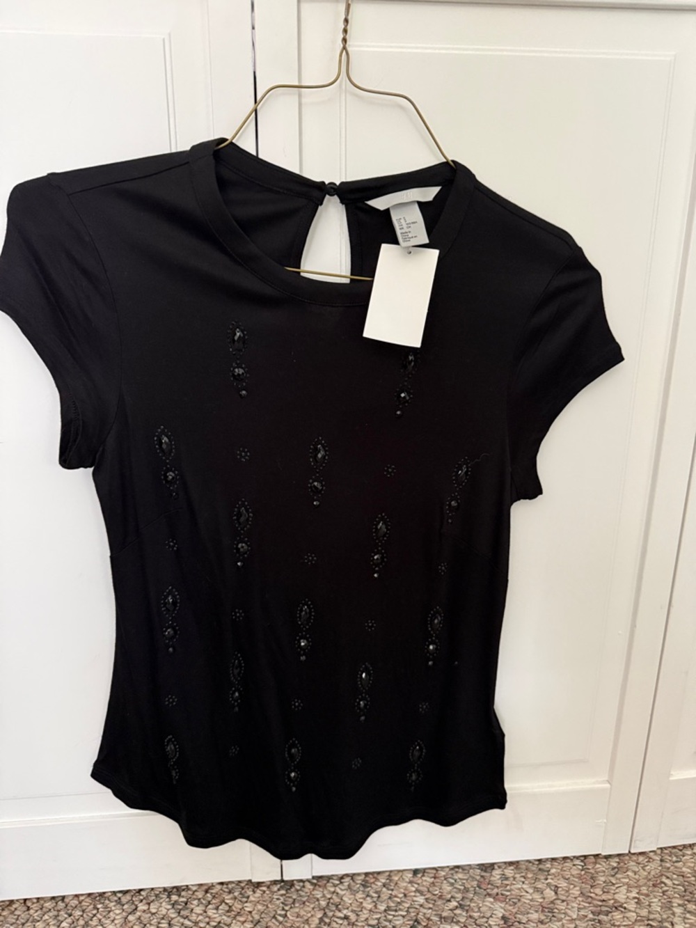 H&M Black Short-Sleeve Tee with Subtle Bead Embellishments